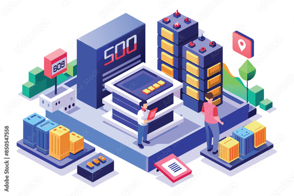 An isometric illustration of a server room with two technicians working on a 500 error, 500 internal server error Customizable Isometric Illustration An isometric illustration of a server room with two technicians working on a 500 error, 500 internal server error Customizable Isometric Illustration