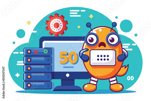 A cartoon robot character experiences a server error with a desktop computer and server racks, 500 internal server error Customizable Cartoon Illustration