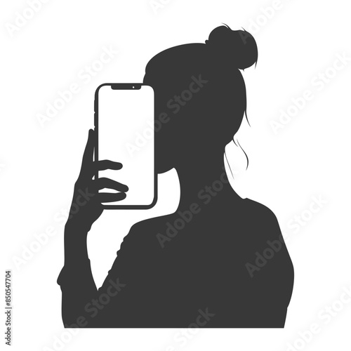 Silhouette Selfie: Woman with Bun Holding Up Blank Smartphone Screen.
