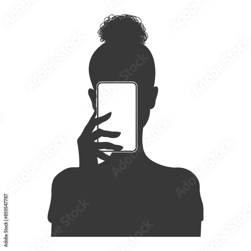 Silhouette Selfie: Woman with Hair Bun and Phone Covering Face, Vector.