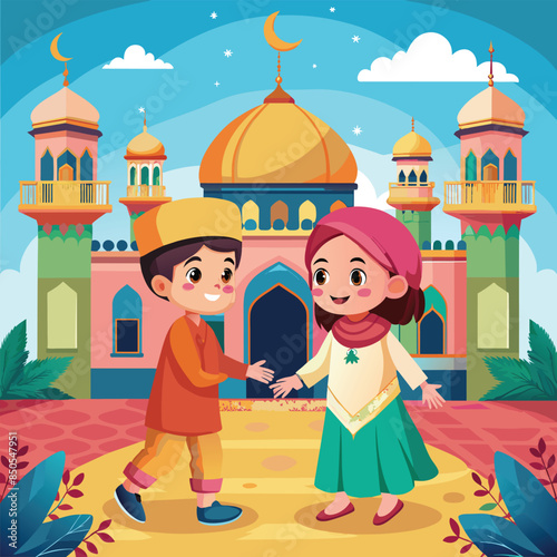 A boy and girl are playing together in the courtyard of a mosque, A boy and girl playing together in a mosque courtyard