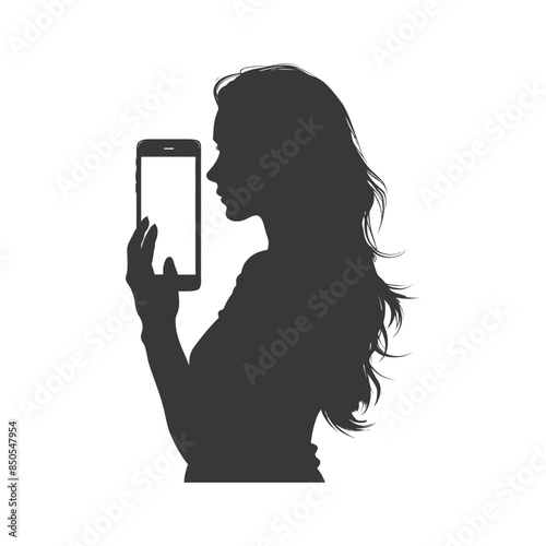 Silhouette of woman with flowing hair holding phone, white screen.