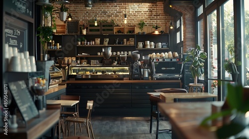 cafe interior Layout in a loft style in dark colors open space interior view of various coffee Welcome open coffee shop background : Generative AI