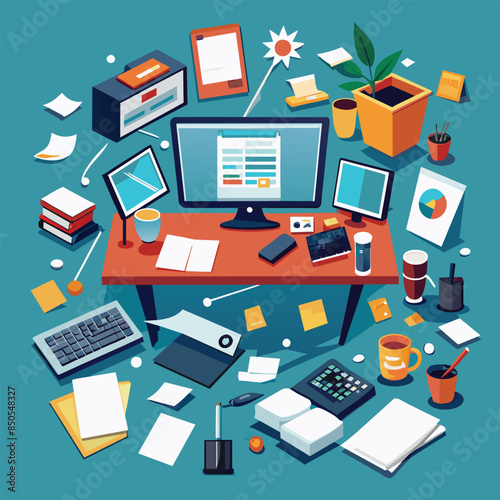 A chaotic, cluttered office desk with a desktop computer, a keyboard, and various office supplies scattered around, A cluttered workspace with a desktop computer and scattered papers
