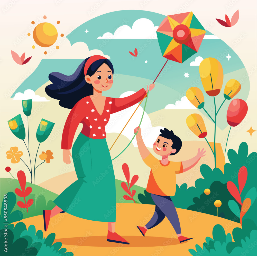 A cheerful illustration of a mother and son flying a kite in a sunny park, A delightful illustration of a mother and child playing with a kite in the park A cheerful illustration of a mother and son flying a kite in a sunny park, A delightful illustration of a mother and child playing with a kite in the park