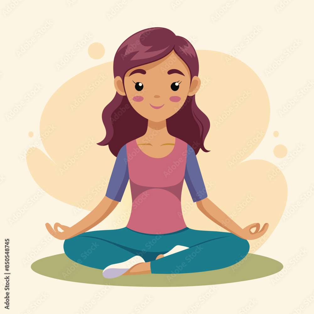 A cartoon illustration of a young woman sitting in a lotus position with a calm expression, A girl in a simple lotus position, with a calm and focused expression on her face A cartoon illustration of a young woman sitting in a lotus position with a calm expression, A girl in a simple lotus position, with a calm and focused expression on her face