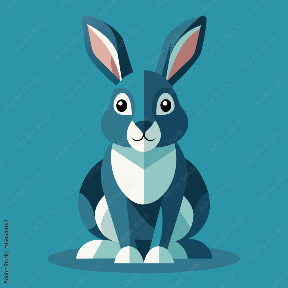 Obraz premium A stylized, geometric blue rabbit sits against a teal backdrop, A modern interpretation of a rabbit in a flat vector illustration