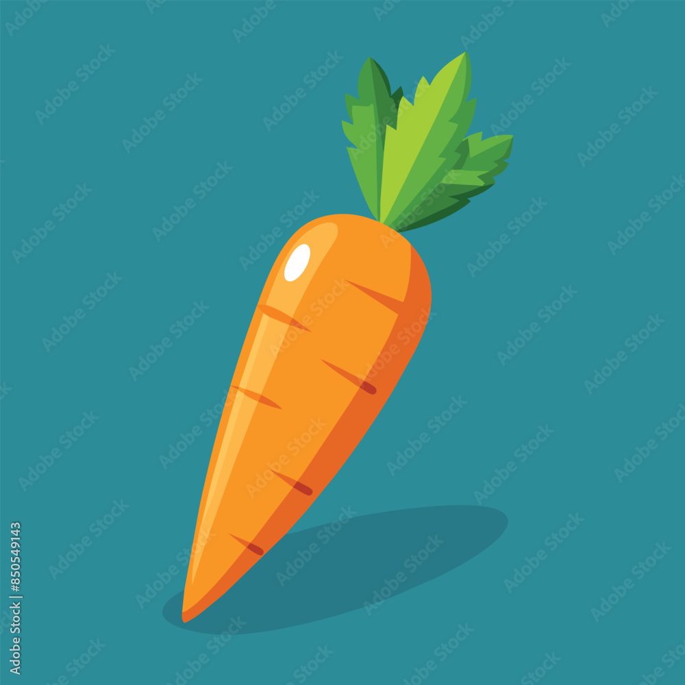 A single, polished carrot with green leafy tops, rendered in a cartoon style against a teal backdrop, A sleek and polished representation of a carrot in a flat design with clean lines A single, polished carrot with green leafy tops, rendered in a cartoon style against a teal backdrop, A sleek and polished representation of a carrot in a flat design with clean lines
