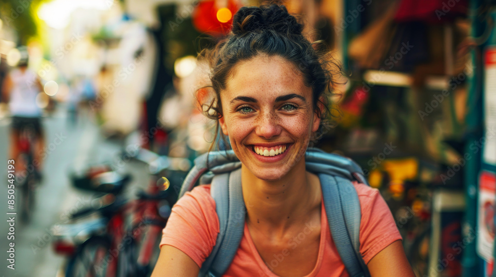 woman cycling to work with sweaty body, happy and tired facial expression in the middle of a busy city, front view woman cycling to work with sweaty body, happy and tired facial expression in the middle of a busy city, front view