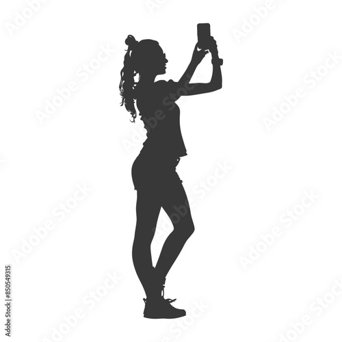 silhouette woman taking selfie photo on smartphone  with poses