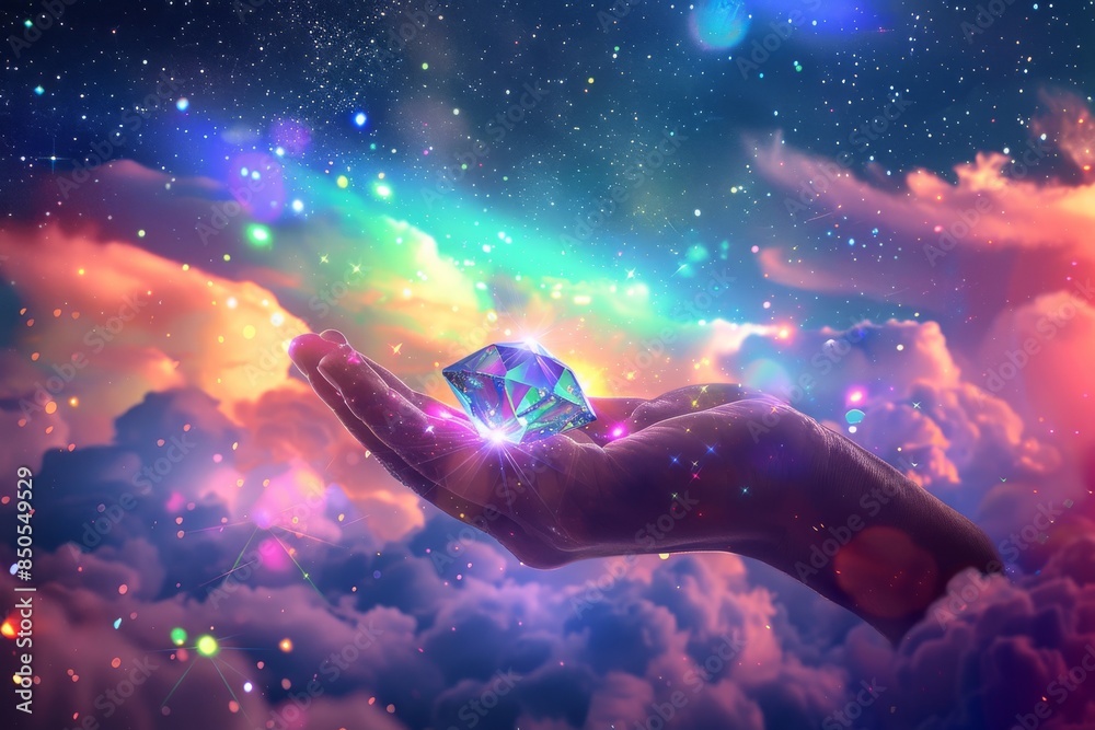 Obraz premium A stunning night sky filled with stars above, with vibrant rainbow-colored clouds below