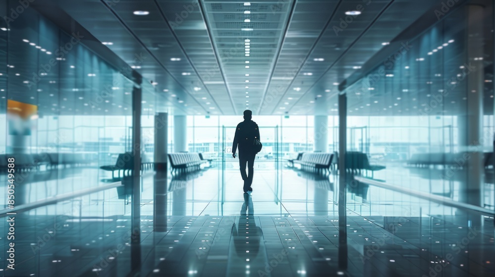 Silhouette of a person walking in a modern airport terminal Silhouette of a person walking in a modern airport terminal
