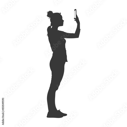 silhouette woman taking selfie photo on smartphone  with poses