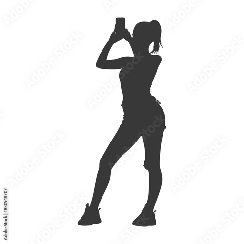 silhouette woman taking selfie photo on smartphone  with poses
