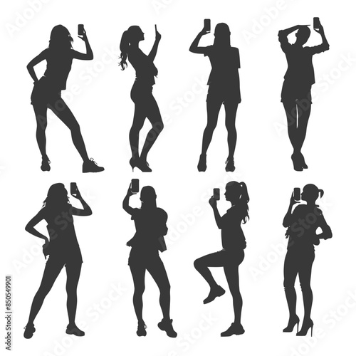 silhouette woman taking selfie photo on smartphone  with poses