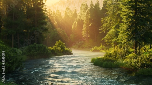Golden Sunlight Filters Through Tall Trees. River Flows Gracefully Amidst Lush Greenery.