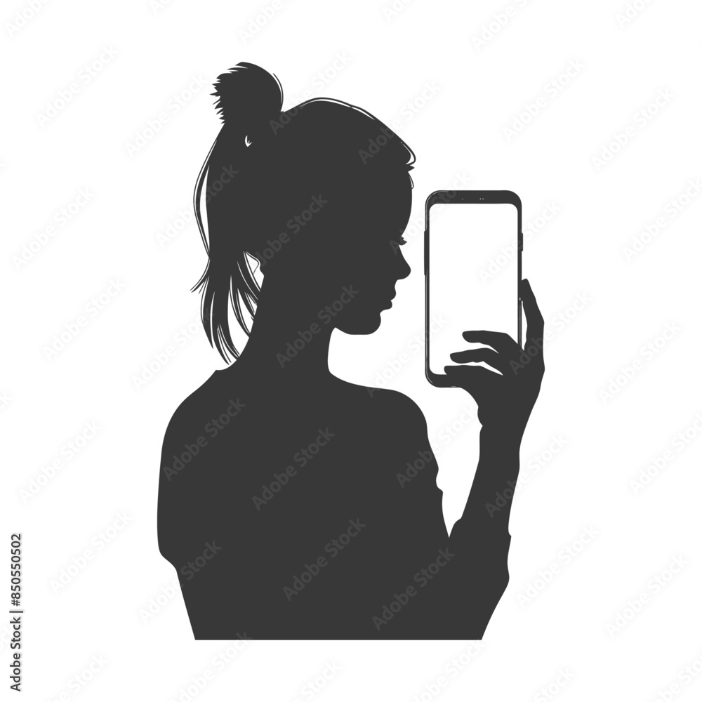 silhouette woman shows a blank white screen smartphone or tablet silhouette woman shows a blank white screen smartphone or tablet