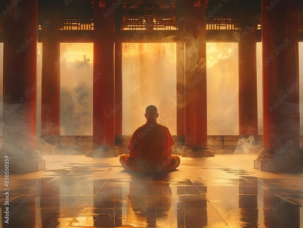 A Buddhist monk deep in meditation at a tranquil temple, embodying peace and spirituality. A Buddhist monk deep in meditation at a tranquil temple, embodying peace and spirituality.
