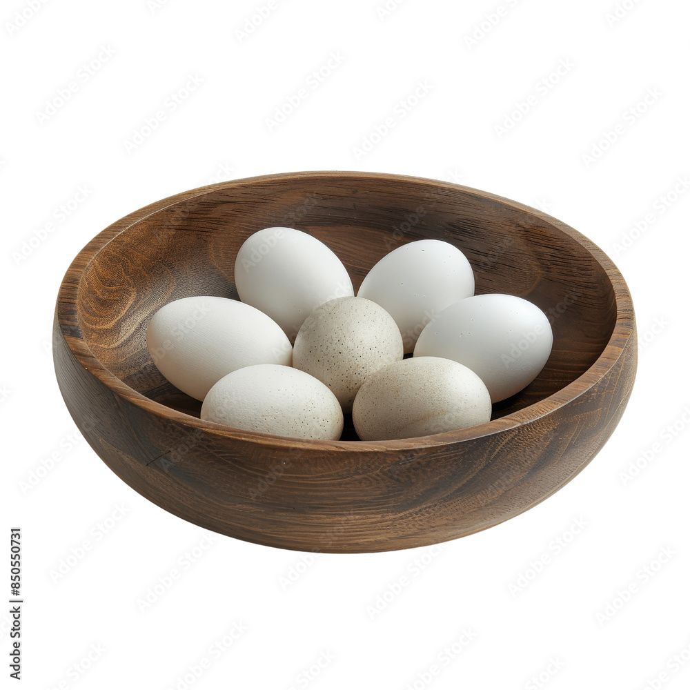 A wooden bowl filled with various white and beige eggs, isolate on transparent background. A wooden bowl filled with various white and beige eggs, isolate on transparent background.