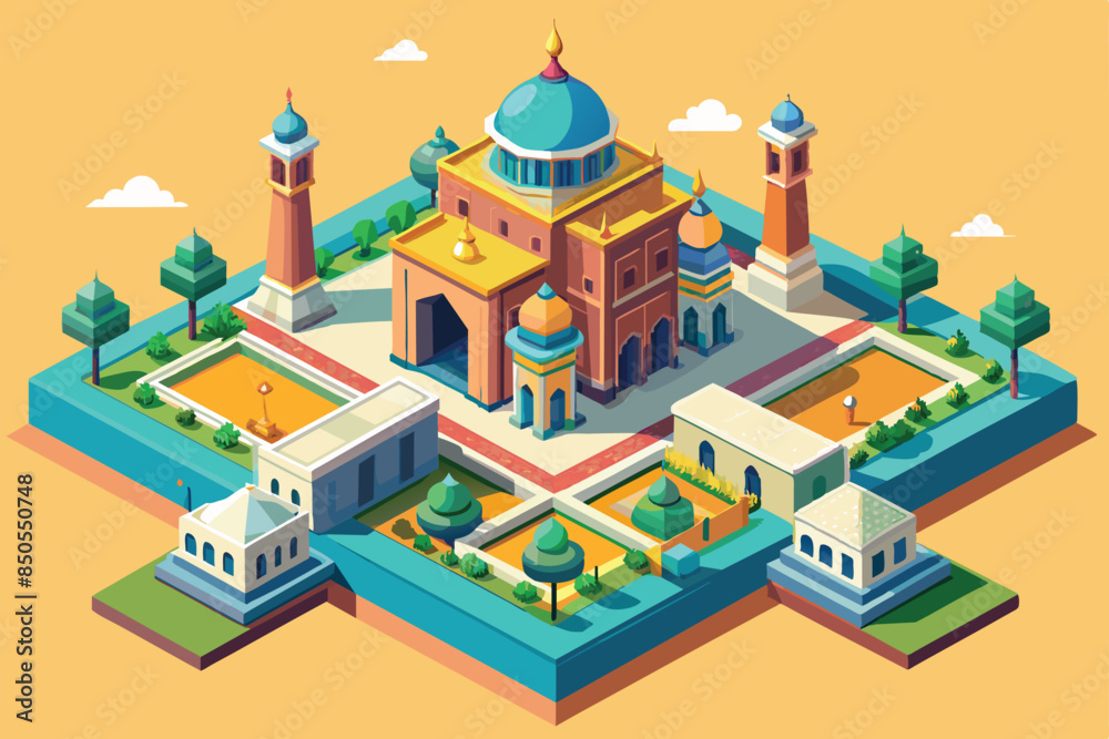 An isometric illustration of a grand mosque in Agra, India, surrounded by lush gardens, Agra Customizable Isometric Illustration An isometric illustration of a grand mosque in Agra, India, surrounded by lush gardens, Agra Customizable Isometric Illustration