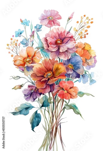 A delicate watercolor painting depicts a bouquet of assorted flowers
