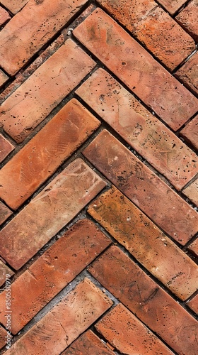 Close-Up of a Brick Pavement in a Herringbone Texture Pattern Background