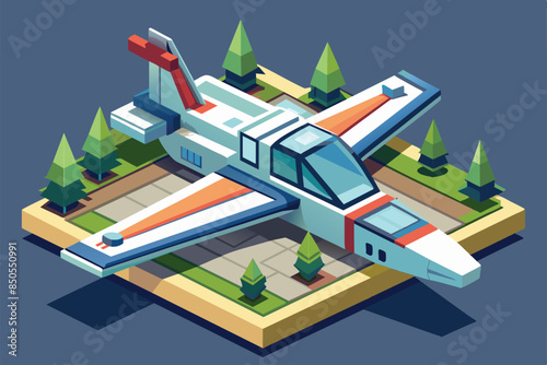 Isometric illustration of a customizable white aircraft parked on a green grass field with trees, Aircraft Customizable Isometric Illustration