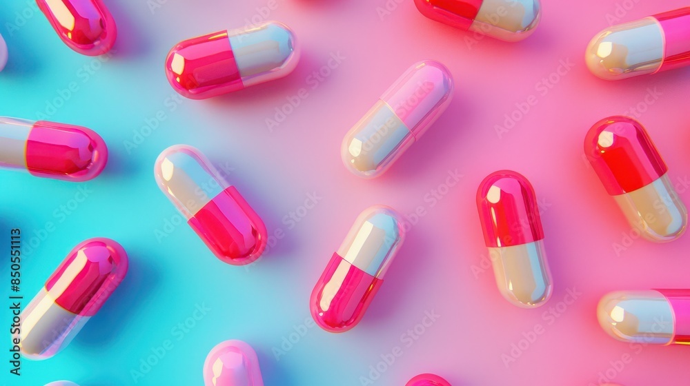 right and glossy capsules on a pastel background. right and glossy capsules on a pastel background.