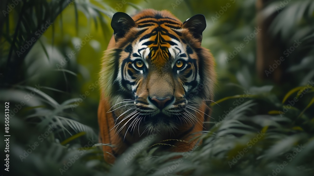 A photorealistic scene of a regal tiger walking through dense jungle foliage, its powerful form moving gracefully through the lush green environment, capturing the essence of wild beauty A photorealistic scene of a regal tiger walking through dense jungle foliage, its powerful form moving gracefully through the lush green environment, capturing the essence of wild beauty