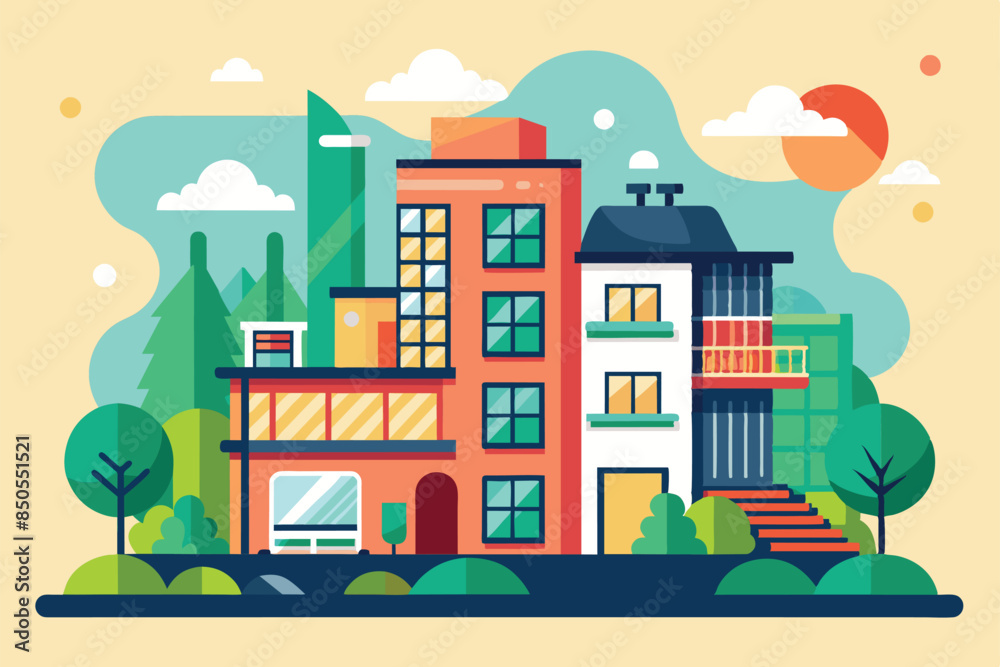 Obraz premium A flat illustration of a colorful apartment building with greenery and a sunny sky, Apartment rent Customizable Flat Illustration