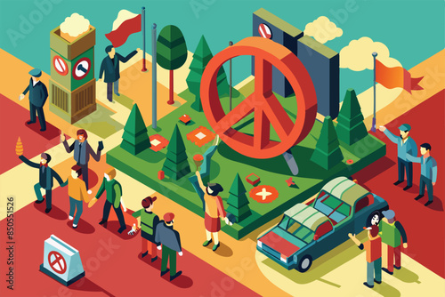 Isometric illustration depicting an anti-war protest in a city park, Anti-war protest Customizable Isometric Illustration