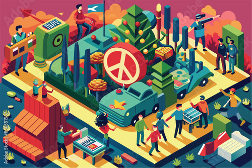 A colorful isometric illustration depicting a peaceful anti-war protest in a city park, Anti-war protest Customizable Isometric Illustration