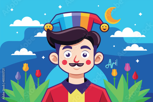 A cartoon illustration of a man with a jester hat, celebrating April Fools Day with a smile, April fools' day Customizable Cartoon Illustration photo