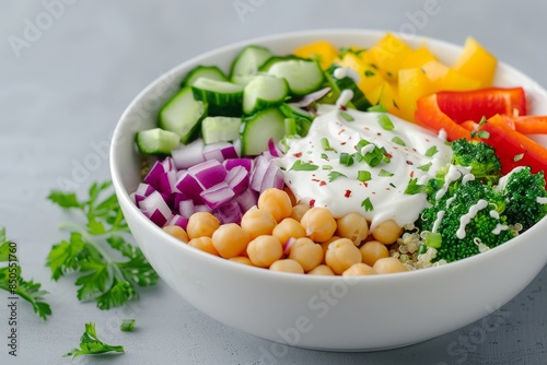 Colorful vegetable bowl with chickpeas and yogurt sauce