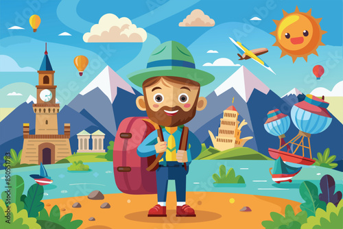 A cartoon man with a backpack and hat stands in front of a scenic background with iconic landmarks from around the world, Around the world Customizable Cartoon Illustration