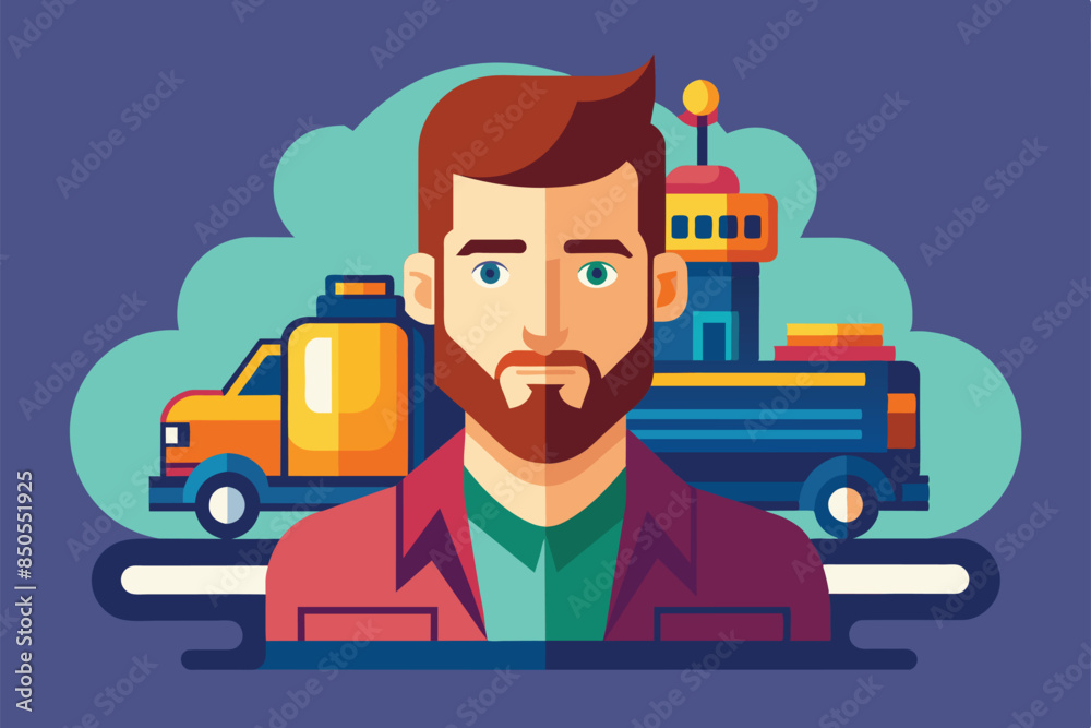 A flat illustration of a bearded man with a delivery truck in the background, Attached files Customizable Semi Flat Illustration A flat illustration of a bearded man with a delivery truck in the background, Attached files Customizable Semi Flat Illustration