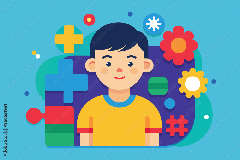 A flat illustration of a smiling boy with colorful puzzle pieces and gears around his head, Autism Customizable Flat Illustration A flat illustration of a smiling boy with colorful puzzle pieces and gears around his head, Autism Customizable Flat Illustration