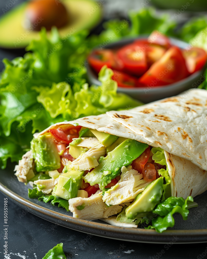 chicken salad wrapped in tortilla with avocados and lettuce, side of tomato curled salad on plate, chicken salad wrapped in tortilla with avocados and lettuce, side of tomato curled salad on plate,