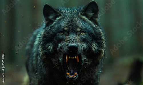 Closeup of a Black Roaring Wolf with Huge Teeth in Blurry Background, Intense Expression in Nature,  for Wildlife and Animal Themes, Capturing the Ferocity and Majestic Beauty of Wolves in the Wild