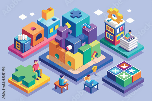 Isometric art with colorful individuals symbolizing autism perspectives/experiences, Autism Customizable Isometric Illustration