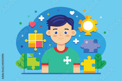 Illustration of a happy boy with autism wearing a t-shirt with a puzzle piece, Autism Customizable Flat Illustration