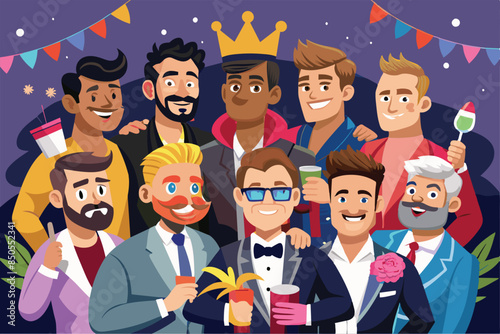 A group of men in suits and party attire celebrate a bachelor party, Bachelor party Customizable Disproportionate Illustration