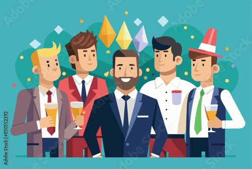 A group of men in suits and formal wear celebrate with drinks at a bachelor party, Bachelor party Customizable Semi Flat Illustration