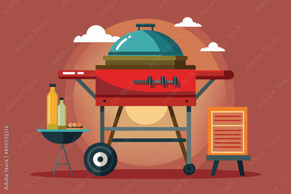 A red barbecue grill with a blue lid and wooden stand, Barbecue Customizable Semi Flat Illustration A red barbecue grill with a blue lid and wooden stand, Barbecue Customizable Semi Flat Illustration