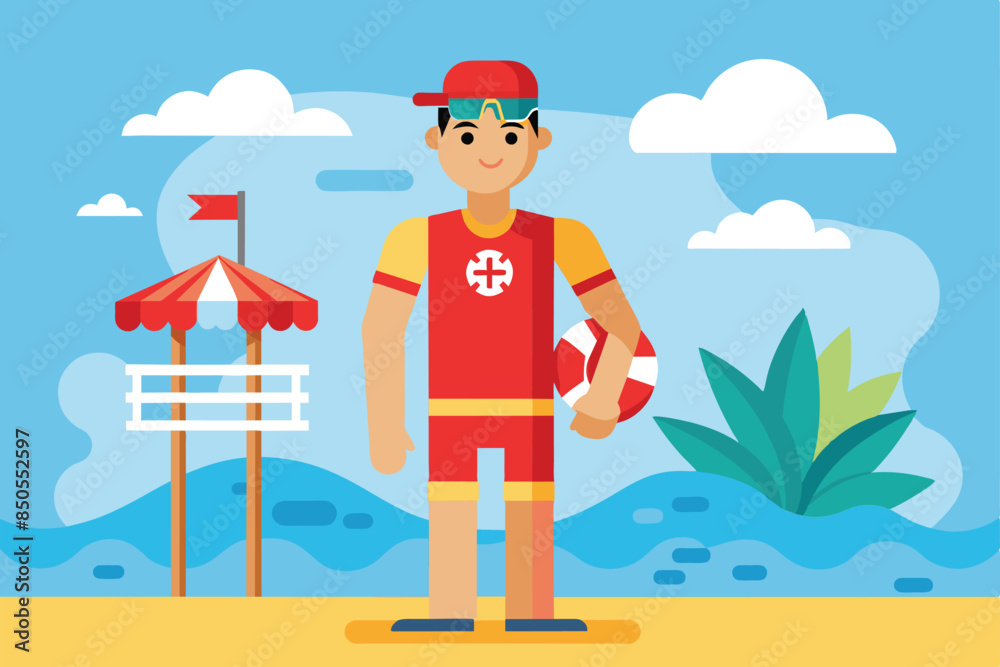 Illustration of a beach lifeguard wearing a red uniform holding a life ring in front of a watchtower, Beach lifeguard Customizable Disproportionate Illustration Illustration of a beach lifeguard wearing a red uniform holding a life ring in front of a watchtower, Beach lifeguard Customizable Disproportionate Illustration