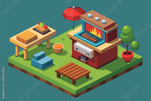 Isometric illustration of a barbecue grill with a red umbrella, a table, and a small tree on a green grassy lawn, Barbecue Customizable Isometric Illustration