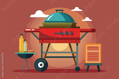 A red barbecue grill with a blue lid and wooden stand, Barbecue Customizable Semi Flat Illustration