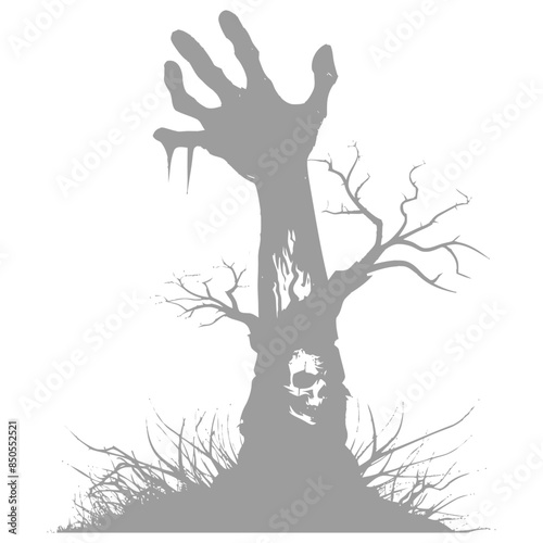 Grayscale Zombie Hand Emerging from a Decayed Skull Tree on a White Background.