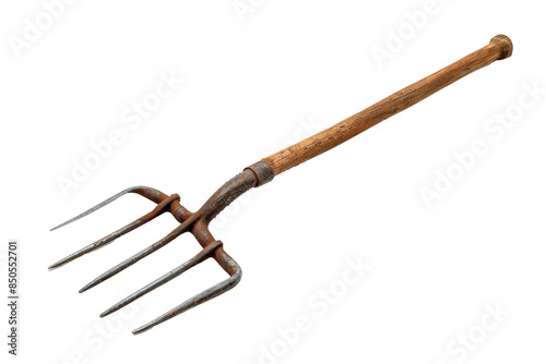 Rustic gardening pitchfork with wooden handle and metal prongs, isolated on transparent background. Essential tool for farming and gardening tasks. photo