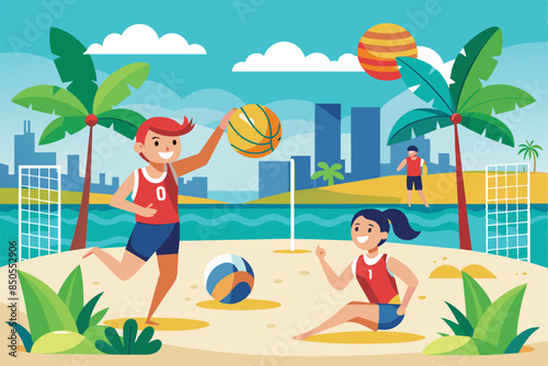 Two young people play beach volleyball on a sandy beach with palm trees and a cityscape in the background, Beach volleyball Customizable Disproportionate Illustration